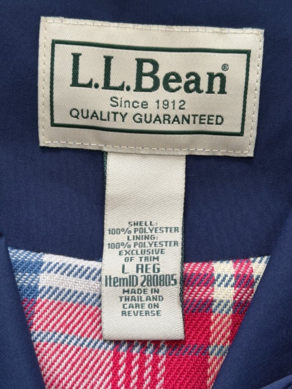 L.L. Bean Womens Size L Macintosh Coat Easy Care Jacket Hooded Navy Plaid-Lined - Picture 4 of 7